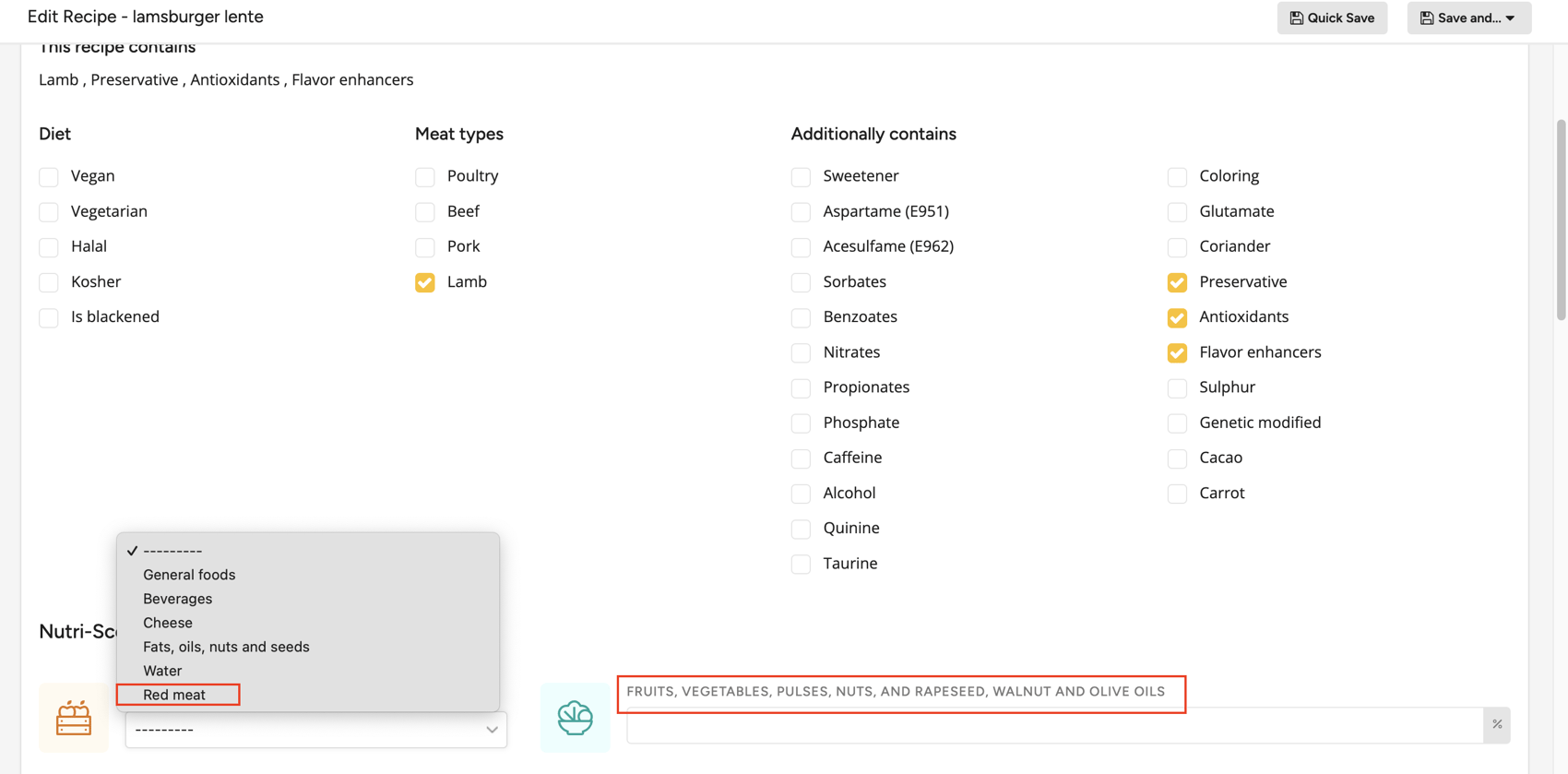 How to set the Nutri-Score of a recipe