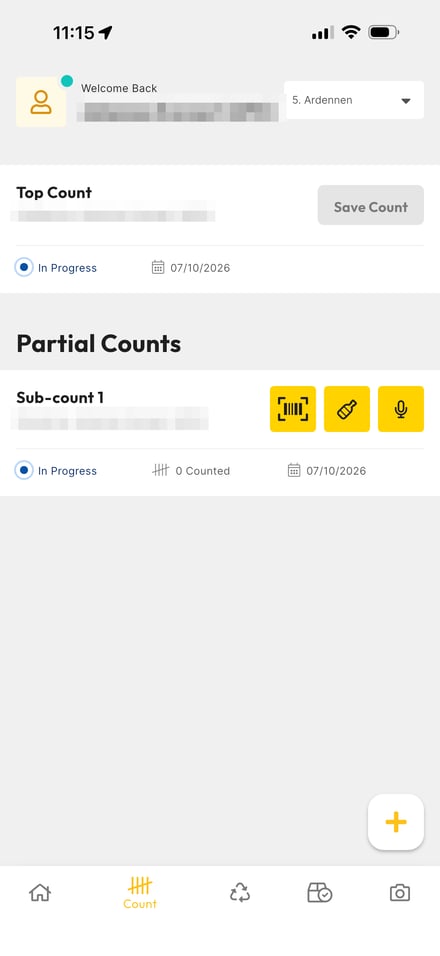 Count screen with the partial count Sub-count 1 and its three yellow buttons: barcode, bottle and microphone