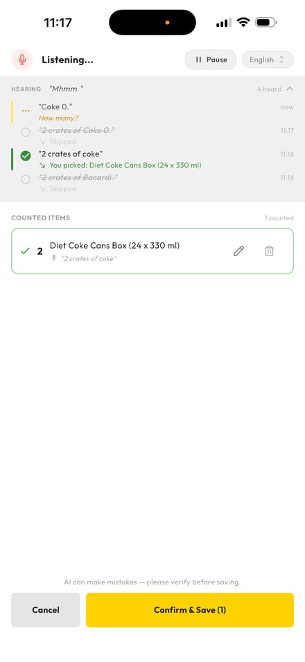 Voice screen where the phrase "2 crates of coke" is counted as 2 Diet Coke Cans Box (24 x 330 ml) under COUNTED ITEMS, with the Confirm & Save (1) button at the bottom