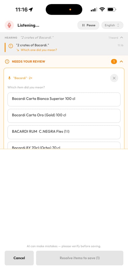 NEEDS YOUR REVIEW card for "2 crates of Bacardi" asking Which item did you mean? with four Bacardi products to choose from, and the greyed-out Resolve items to save (1) button