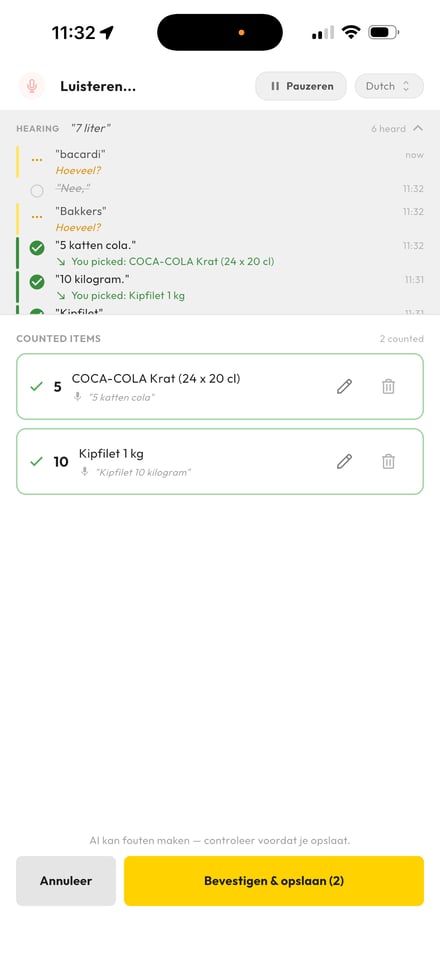 Spraakscherm met twee getelde regels onder COUNTED ITEMS, 5 COCA-COLA Krat (24 x 20 cl) en 10 Kipfilet 1 kg, en onderaan de knop Bevestigen & opslaan (2)