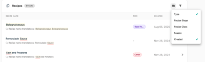 Column visibility open on the Recipes section