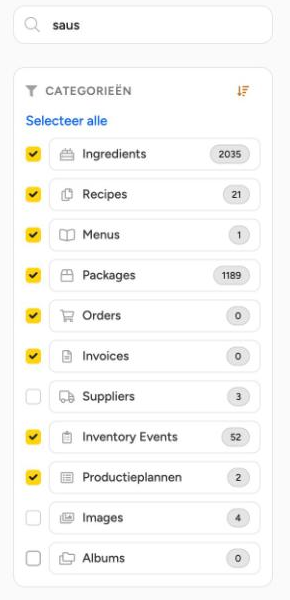 De lijst Categorieën met Albums, Images en Suppliers niet geselecteerd
