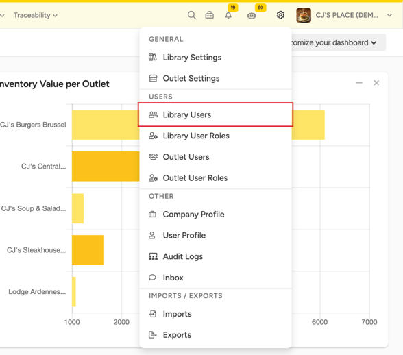 The Settings menu with Library Users highlighted