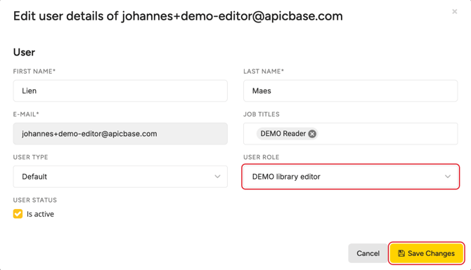The Edit user details dialog with the User role field and the Save Changes button highlighted