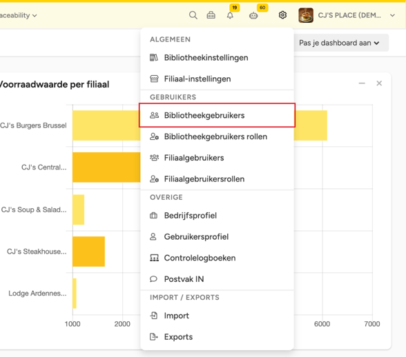 Het Instellingenmenu met Bibliotheekgebruikers gemarkeerd