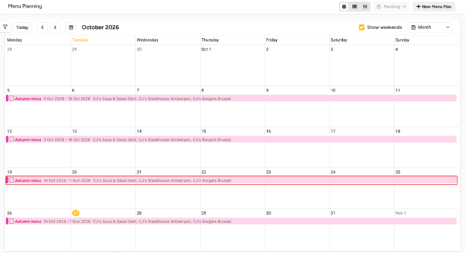 The Menu Planning calendar in month view with the Autumn menu cycle instance of 19 Oct to 1 Nov 2026 highlightedmenu-cycle-instances-en-05-calendar-menu-cycle-instance-r2