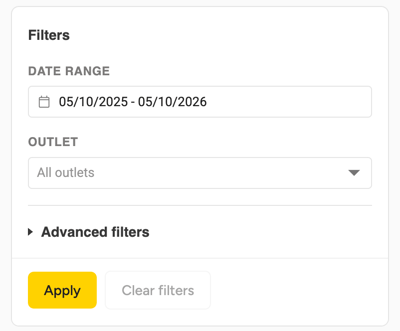 The filter sidebar with a date range, an outlet and the Apply button