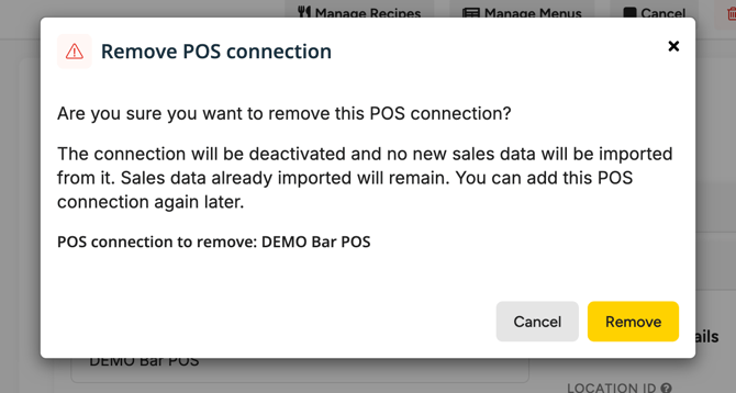 The Remove POS connection window asking to confirm removing DEMO Bar POS, with Cancel and Remove buttons