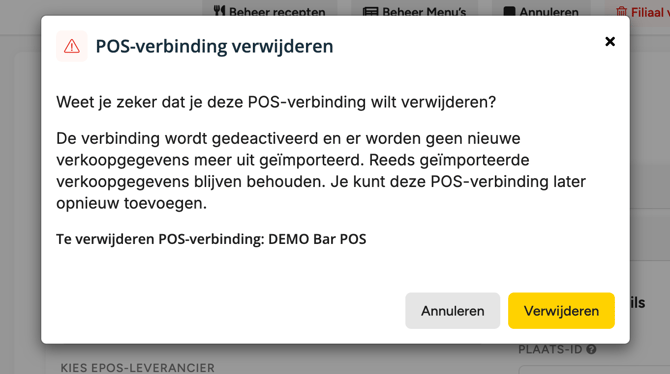 Het venster POS-verbinding verwijderen met de vraag om het verwijderen van DEMO Bar POS te bevestigen, met de knoppen Annuleren en Verwijderen