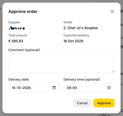 The Approve order window with Comment (optional), Delivery date and Delivery time (optional)
