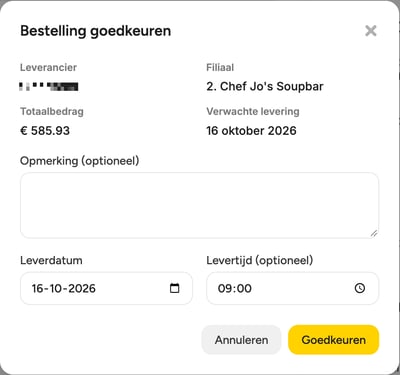 Het venster Bestelling goedkeuren met Opmerking (optioneel), Leverdatum en Levertijd (optioneel)