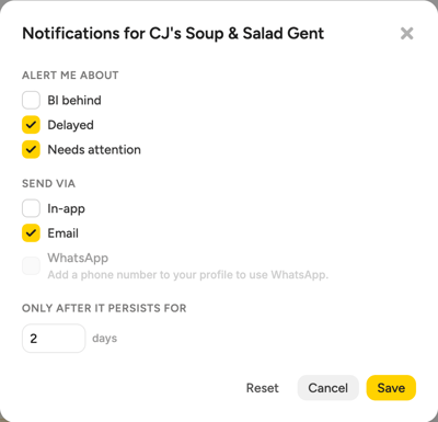 The Notifications for window of one outlet with Alert me about, Send via and Only after it persists for ... days filled in