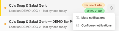 The bell menu on an outlet row with Mute notifications and Configure notifications