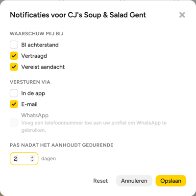 Het venster Notificaties voor één filiaal met Waarschuw mij bij, Versturen via en Pas nadat het aanhoudt gedurende ... dagen ingevuld