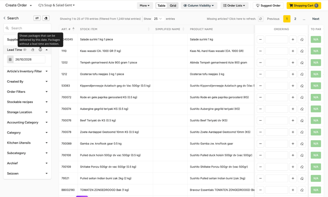 Create Order with 26/10/2026 in the Lead Time filter, the tooltip Shows packages that can be delivered by this date. Packages without a lead time are hidden., and the list filtered to 179 of 1,249 articles