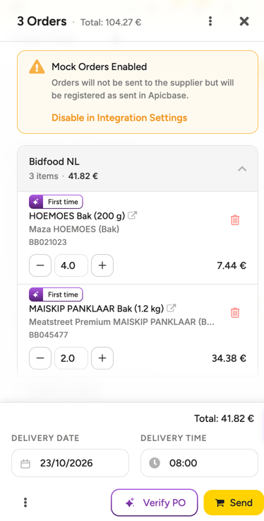 The shopping cart on a phone: 3 Orders · Total: 104.27 €, the Bidfood NL card open with 3 items · 41.82 € and its compact order lines, and at the bottom the Delivery Date, Delivery Time, Verify PO and Send