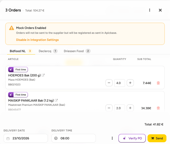 The shopping cart at tablet width with the header 3 Orders · Total: 104.27 €, the supplier tabs Bidfood NL, Declercq and Driessen Food, and order lines with Article, Quantity and Sub Total