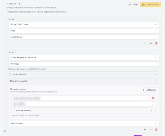 The Sections list of a recipe book: a cover section set to Once, and a Classic Recipe Card Template section set to Per recipe with a Menu plan sources block and the Add source button