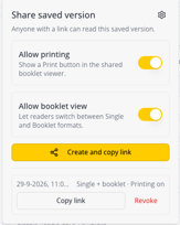 Het paneel Share saved version met de schakelaars Allow printing en Allow booklet view aan, de knop Create and copy link en een bestaande link met Copy link en Revoke (Engelstalige schermafbeelding)