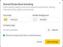 Het venster Shared Recipe Book branding met kleurvelden voor Top stripe en Header background, een uploadknop voor het bedrijfslogo, de optie om de titel van het receptenboek te tonen en de knop Save settings (Engelstalige schermafbeelding)