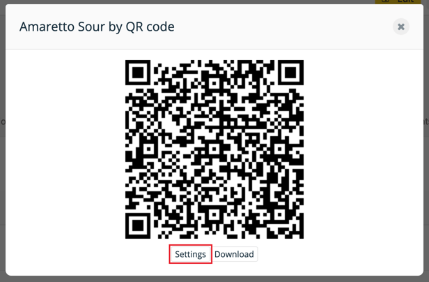 QR code pop-up with the Settings button highlighted