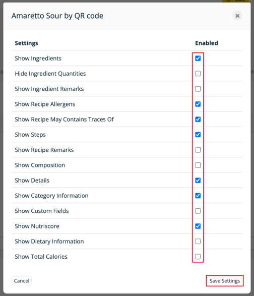 QR code settings with the Enabled column and the Save Settings button highlighted