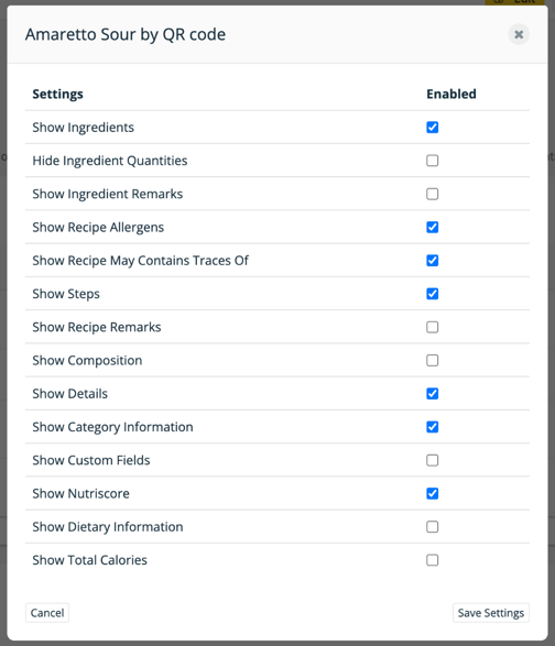 The share settings panel with a tick box for each item that can be shown on the shared recipe page