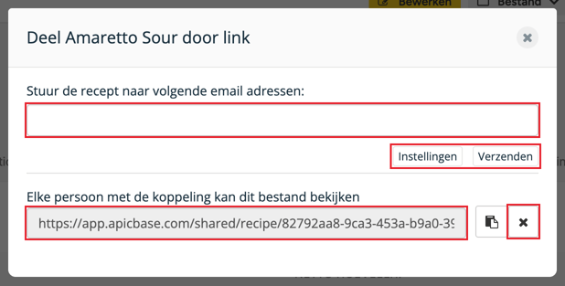 Deelvenster met het e-mailveld, de knoppen Instellingen en Verzenden, de link en het kruisje gemarkeerd