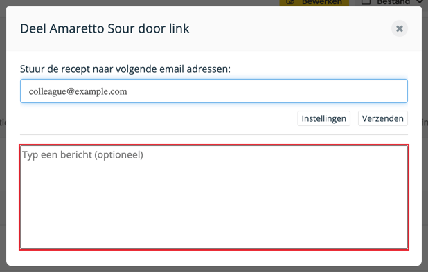 Deelvenster met een ingevuld e-mailadres en het optionele berichtveld gemarkeerd