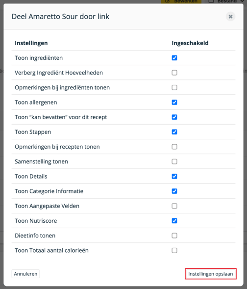 De instellingen voor delen met een vakje voor elk onderdeel en de knop Instellingen opslaan gemarkeerd