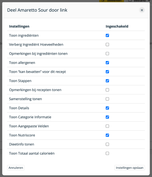 Het instellingenvenster voor delen met een vakje voor elk onderdeel dat op de gedeelde receptenpagina getoond kan worden