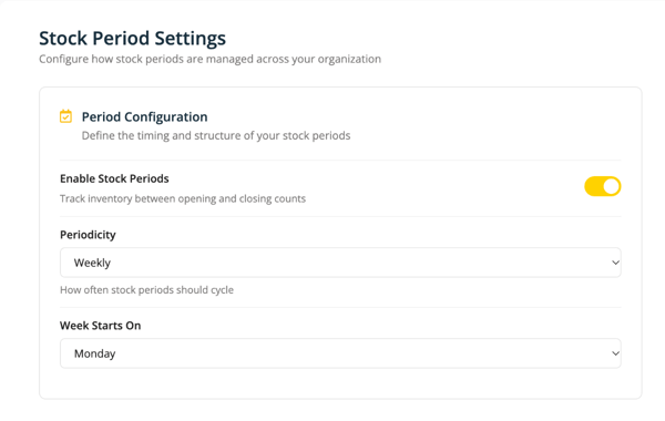 The Stock Period Settings page in Library Settings, with the Enable Stock Periods switch turned on
