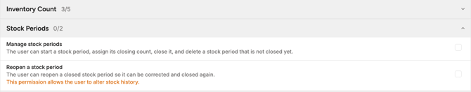 The role editor with the Stock Periods group expanded, showing the Manage stock periods and Reopen a stock period checkboxes