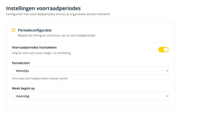 De pagina Instellingen voorraadperiodes in de Bibliotheekinstellingen, met de schakelaar Voorraadperiodes inschakelen aan