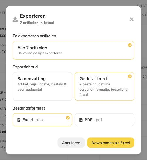 Het venster Exporteren met Te exporteren artikelen, Exportinhoud (Gedetailleerd geselecteerd) en Bestandsformaat (Excel geselecteerd), en de knop Downloaden als Excel