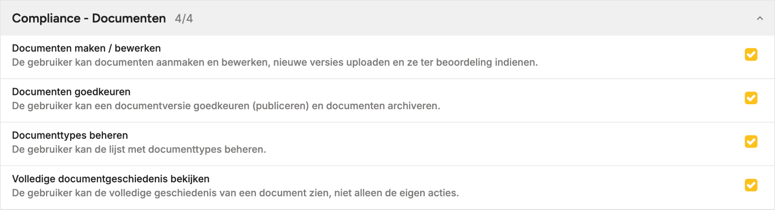 De rolbewerker met de groep Compliance - Documenten en de vier selectievakjes