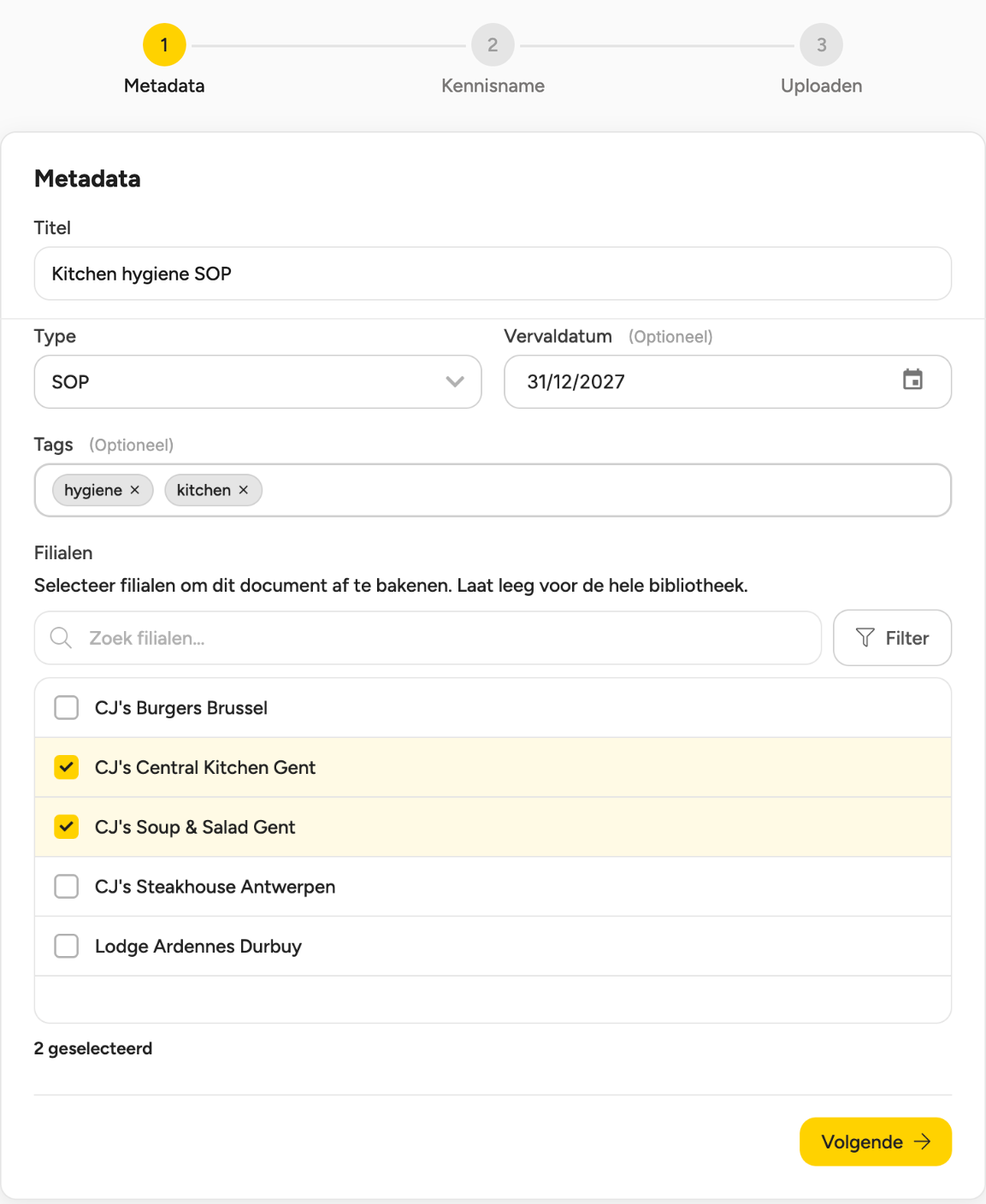 De wizard Nieuw document, stap Metadata, ingevuld