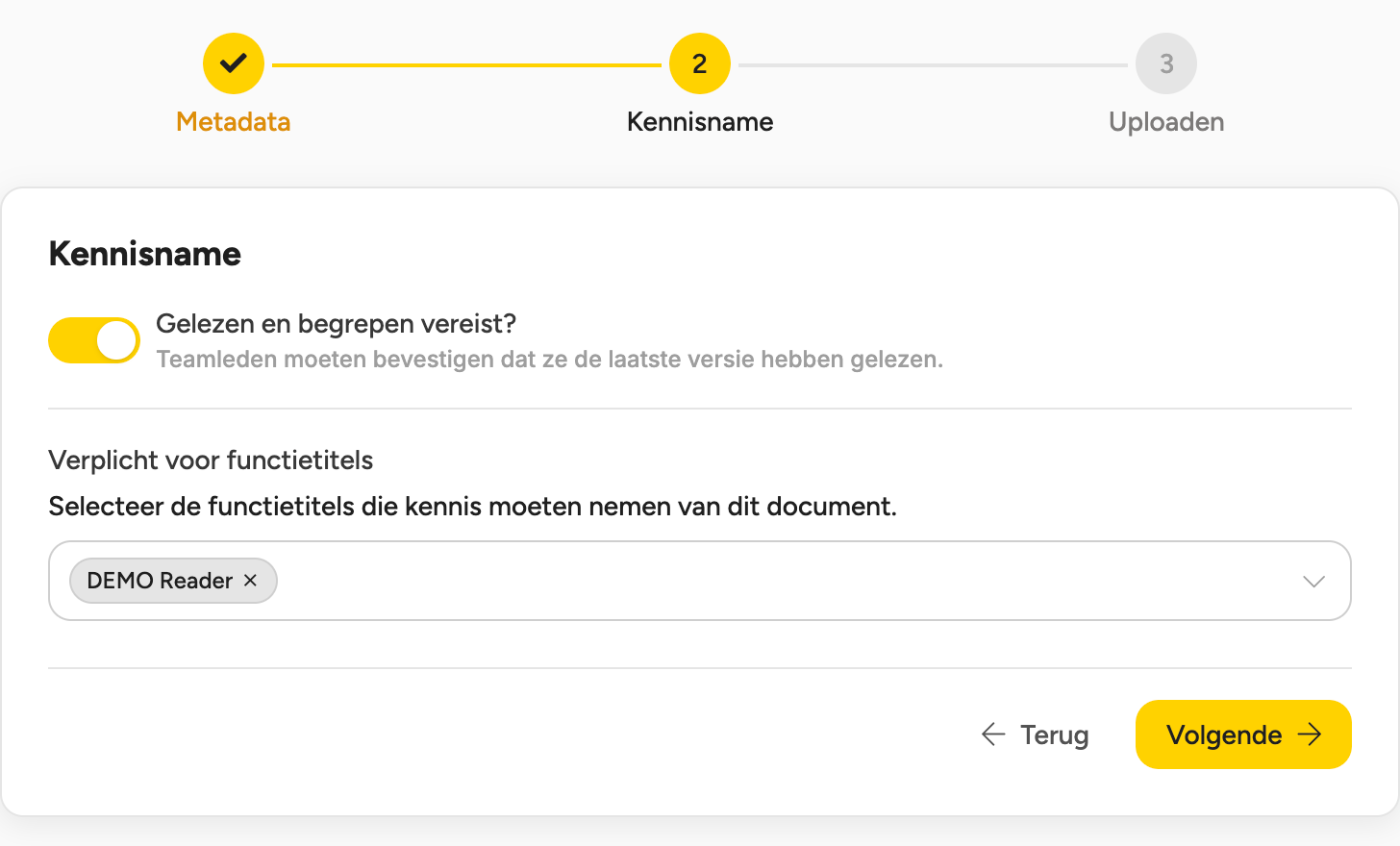 De stap Kennisname met de schakelaar aan en Verplicht voor functietitels ingevuld