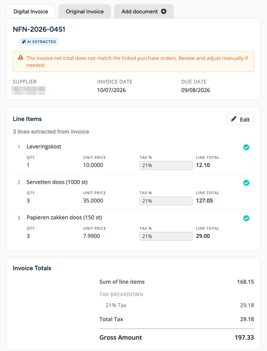 The Digital Invoice tab of an invoice, with the lines, the Edit button and the Invoice Totals