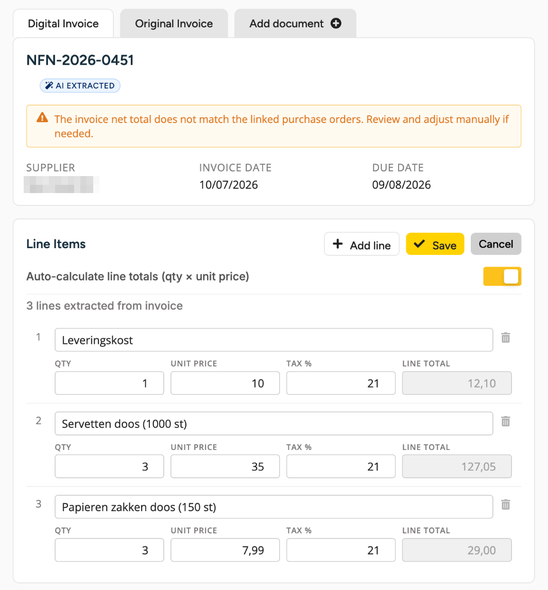 The Digital Invoice tab in edit mode, with Add line, Save and Cancel and the trash icon on a line