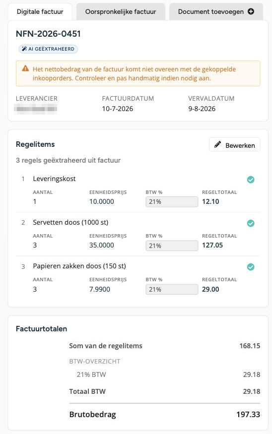 Het tabblad Digitale factuur van een factuur, met de regels, de knop Bewerken en de Factuurtotalen
