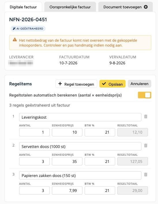 Het tabblad Digitale factuur in bewerkmodus, met Regel toevoegen, Opslaan en Annuleren en het prullenbakpictogram op een regel