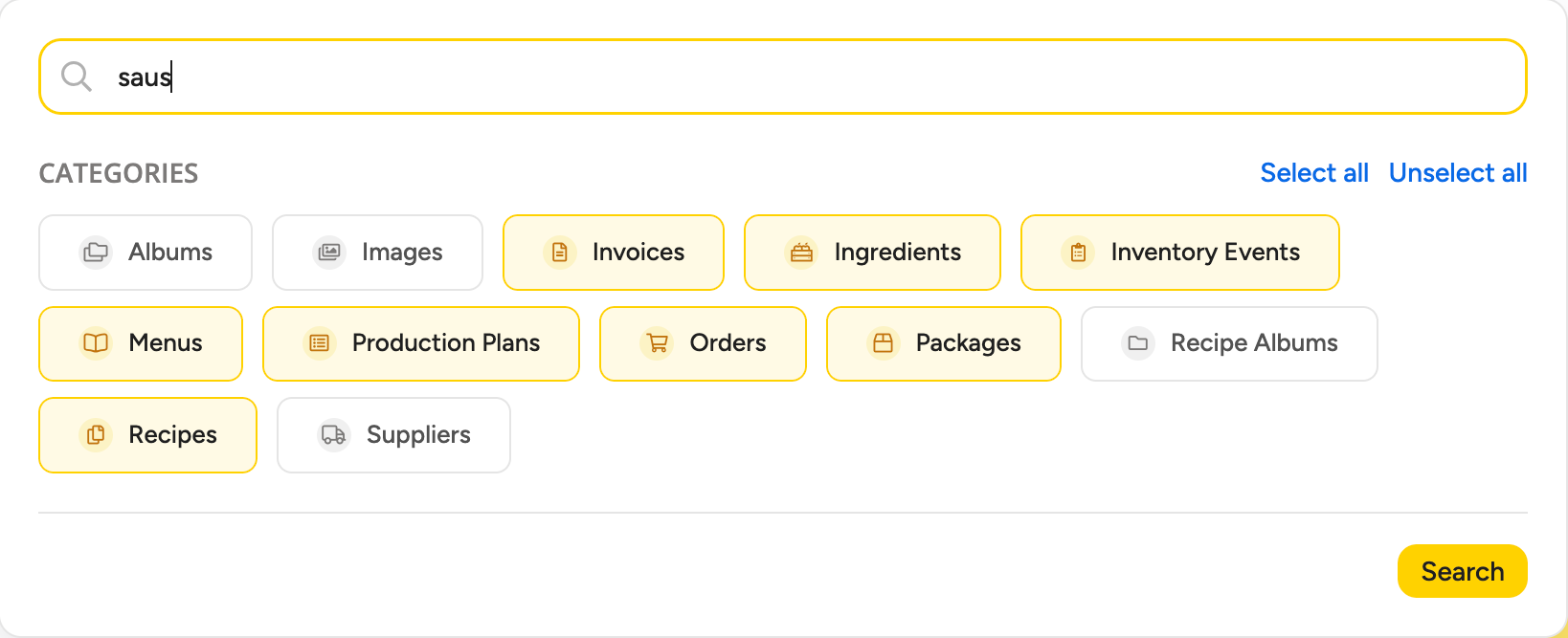 The search box with the Categories panel open
