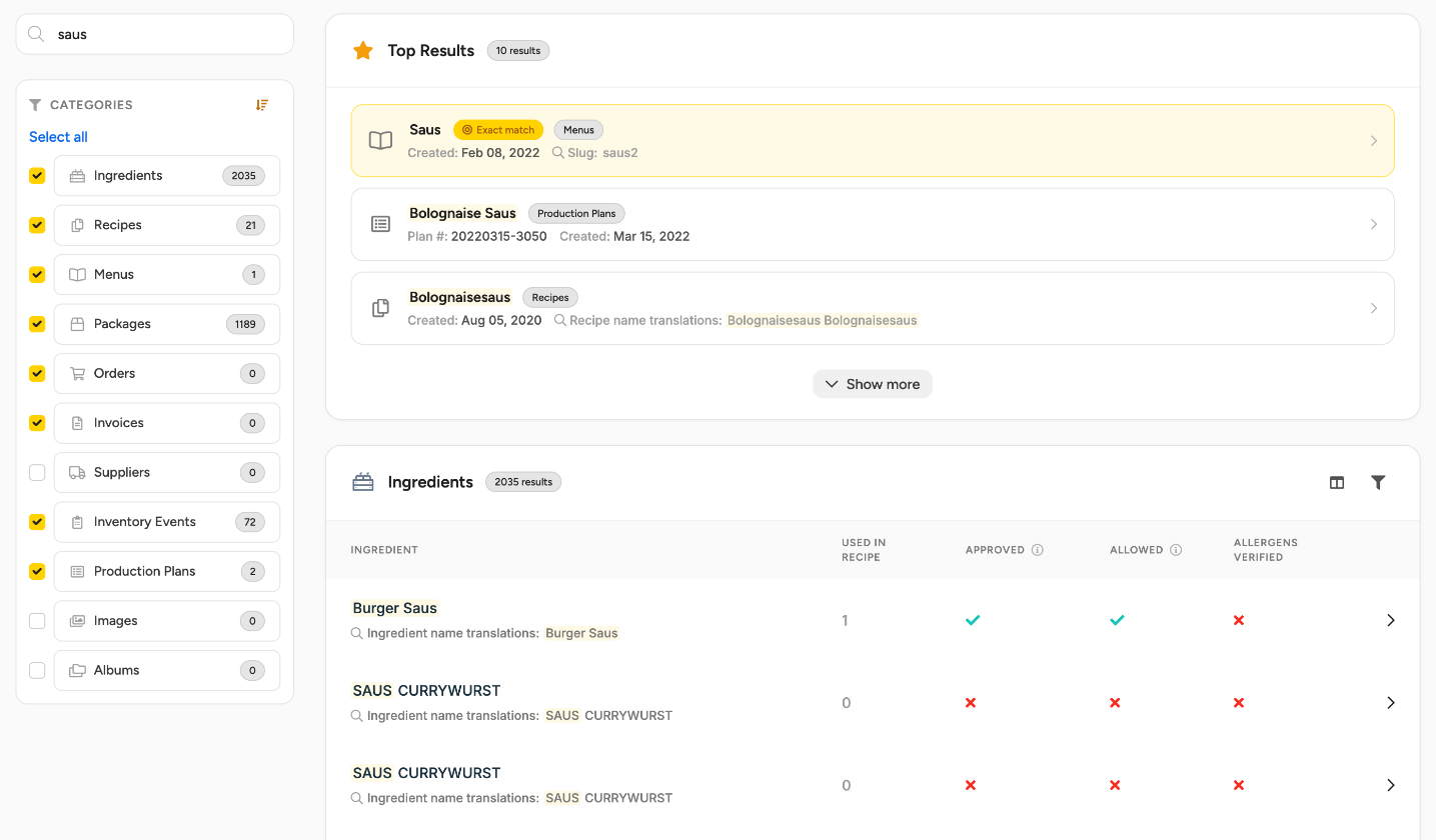 The Global Search page with Top Results and the first sections