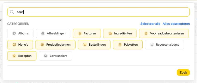 Het zoekvak met het paneel Categorieën geopend