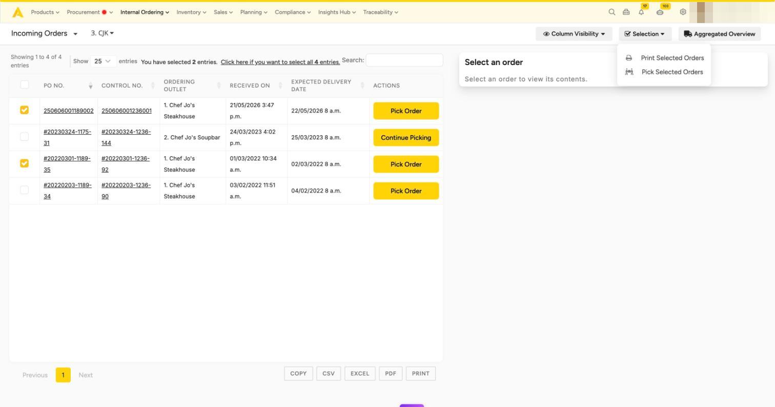 The Selection menu open on the Incoming Orders list with two orders checked, showing the pick option