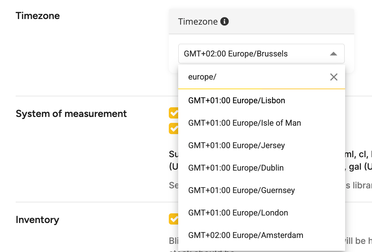 The Timezone field on Library Settings, General Settings tab, with the search open and a list of Region/City options