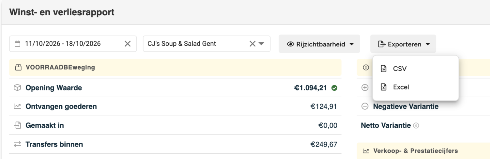 Het menu Exporteren van het Winst- en verliesrapport met CSV en Excel