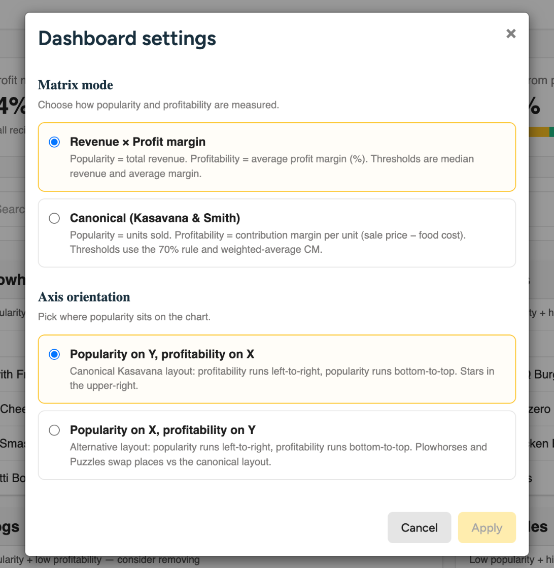 The Dashboard settings window with both Matrix mode options and both Axis orientation options